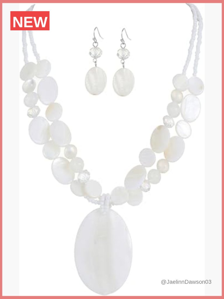 Geometric Oval Pendant Necklace & Earrings Set Double Strand Shell Beads